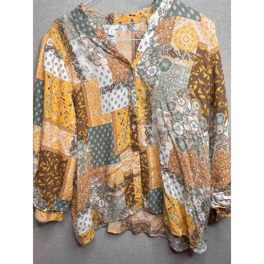 Patchwork Print Button Down Top Women Bubble Styl… - image 3